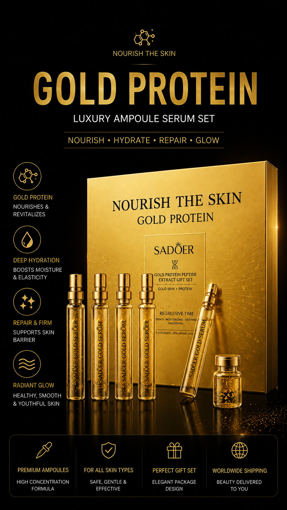 SADOER Gold Protein Peptide Ampoule Serum Set – Hydrating &amp; Firming Skincare