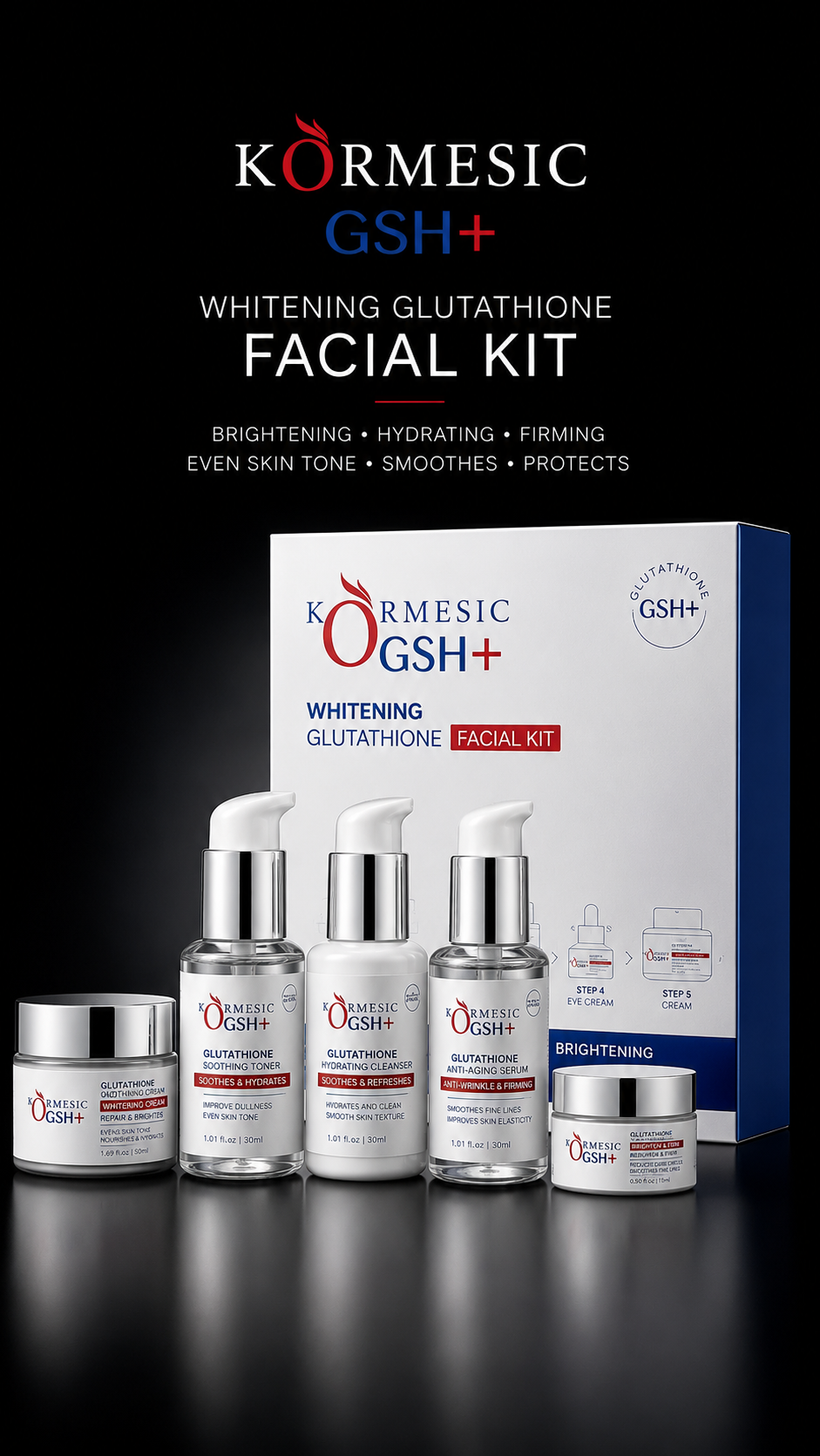 KORMESIC GSH+ Glutathione Brightening Facial Kit – 5 Step Skincare Set